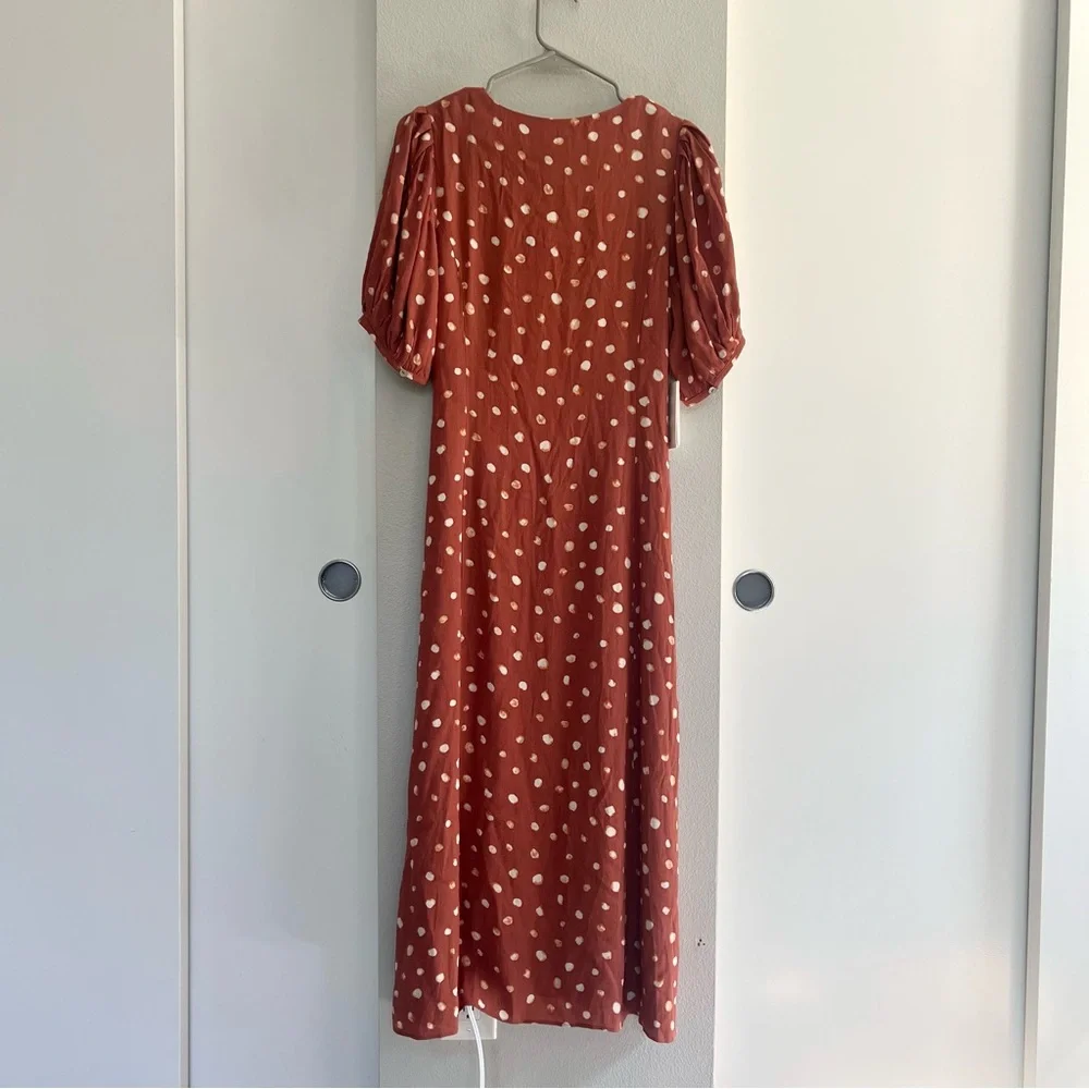 Wilfred Aritzia Libretto Dress – Rust Polka Dot Tie-Front Midi – Size Large - Picture 5 of 12